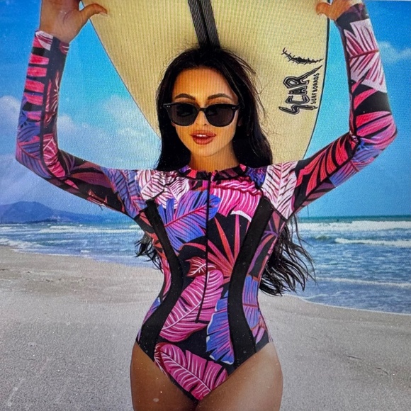 SPRTY Women L/S Tropical Leaf Print One-piece Swimsuit--Rashguard-Surf -Sz. XL - Picture 6 of 9